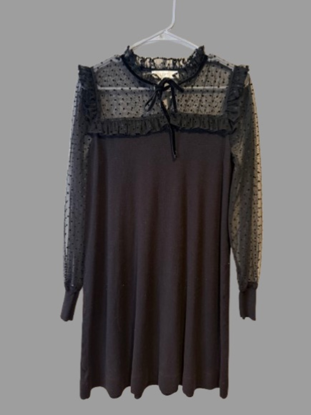 LOFT Black Long-Sleeve Dress with Sheer Dotted Yoke and Tie